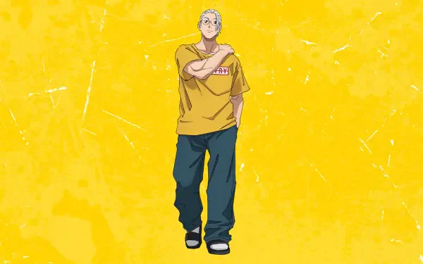 Sakamoto from Sakamoto Days stands with arms crossed against a textured yellow backdrop — 4K Ultra HD PC desktop wallpaper.