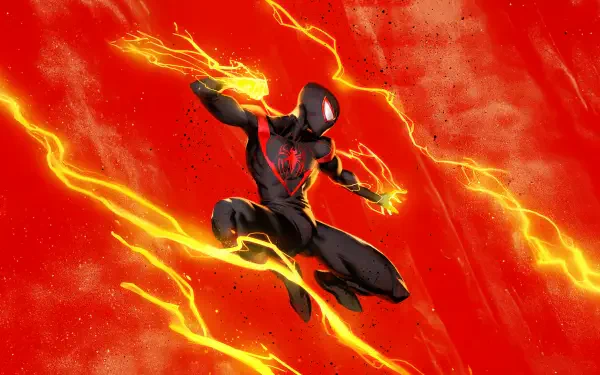 Miles Morales as Spider-Man in a black-and-red suit, leaping through a red backdrop with streaks of yellow lightning — 5K Ultra HD PC desktop wallpaper