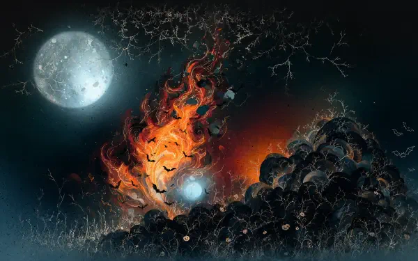 4K Ultra HD PC desktop wallpaper of spooky season: a full moon above a blazing fire and curling smoke over a rocky hill, silhouetted bats and leafless branches under an eerie glow.