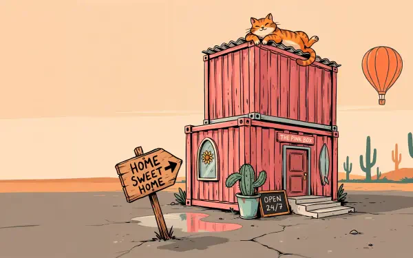 4K Ultra HD PC desktop wallpaper: a pink container-house shack in a desert with cacti, a cat lounging on the roof, a Home Sweet Home sign and a distant hot-air balloon.