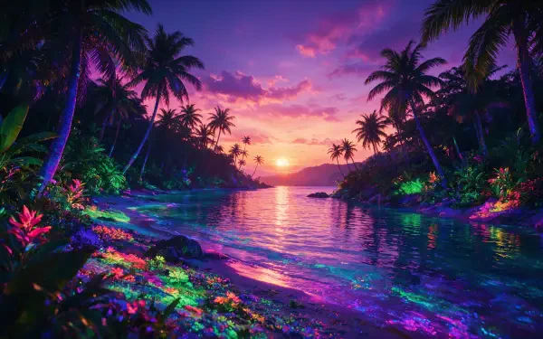 4K Ultra HD PC desktop wallpaper/background: tropical island sunset with silhouetted palm trees, vivid neon-hued sky and a reflective lagoon.