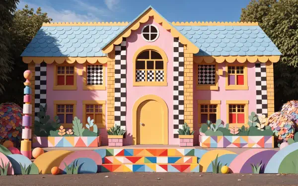 4K Ultra HD PC desktop wallpaper background: cute schoolhouse-style building with pastel pink façade, blue roof, checkerboard accents and colorful geometric garden.