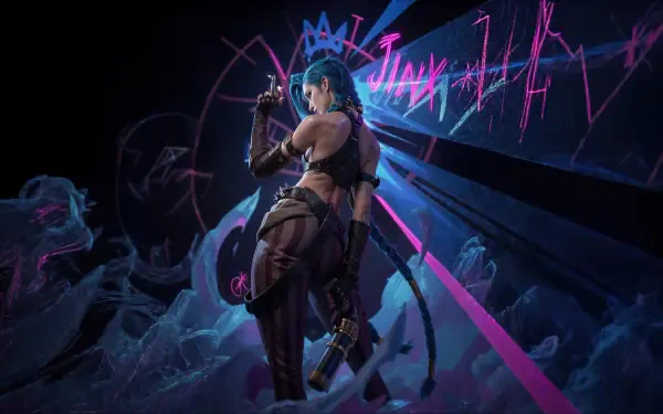 Digital art 4K Ultra HD PC desktop wallpaper of Jinx (League of Legends): blue-haired rebel with guns, back-turned pose amid neon pink graffiti and a shattered cityscape.