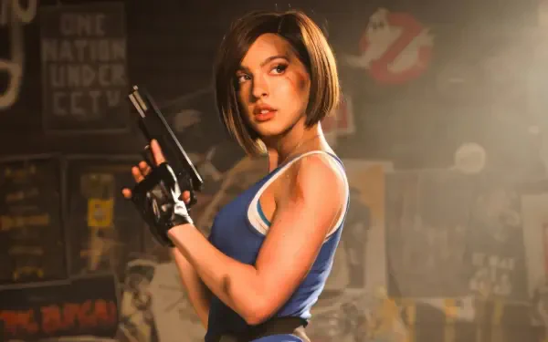 Jill Valentine (Resident Evil) aims a pistol in a gritty, dim garage scene — 4K Ultra HD PC desktop wallpaper/background
