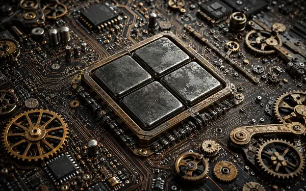 Old metal Windows 11 logo set into a steampunk circuit board, surrounded by gears and cogs — 4K Ultra HD PC desktop wallpaper/background.