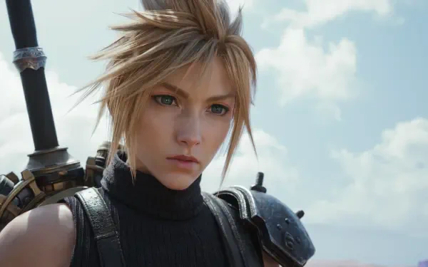 Cloud Strife close-up from Final Fantasy VII Rebirth — Final Fantasy 4K Ultra HD PC desktop wallpaper: detailed portrait with Buster Sword and cloudy sky