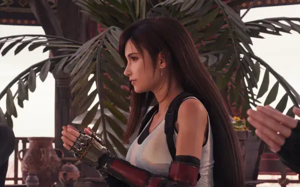 Side profile of Tifa Lockhart from Final Fantasy VII Rebirth, hands clasped, wearing white tank top and gauntlets, tropical foliage behind — 4K Ultra HD PC desktop wallpaper/background.