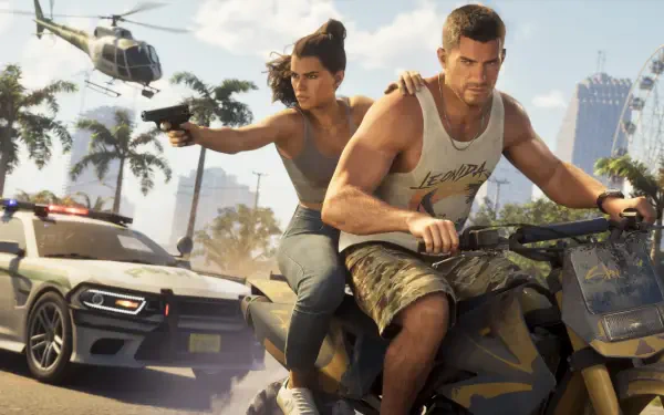 Grand Theft Auto VI video game 4K PC wallpaper: Jason speeds an ATV while Lucia fires a pistol as police cars and a helicopter pursue through palm-lined city streets.