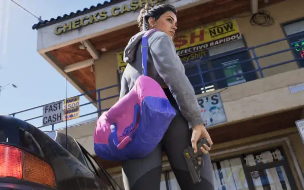 4K Ultra HD PC wallpaper: Lucia from Grand Theft Auto VI (Vice City) stands by a car with a pink‑purple bag and handgun in front of a sunlit storefront, Grand Theft Auto style.