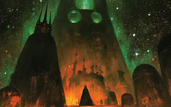 2K Quad HD PC desktop wallpaper — a towering fantasy fortress with spired tower beneath a glowing green starfield, fiery-lit ramparts and silhouetted castle forms.