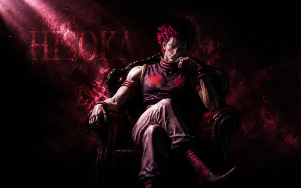 4K Ultra HD PC desktop wallpaper: Hisoka (Hunter × Hunter) seated in a dark armchair, surrounded by red-black smoke and dramatic anime lighting, smirking menacingly.