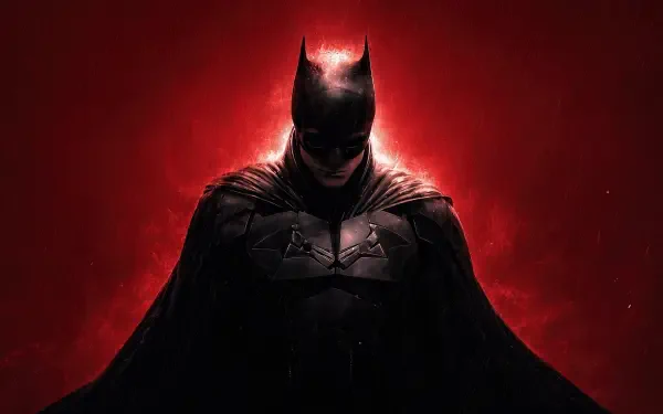 Batman digital art: brooding superhero silhouette with glowing red halo and detailed armor, cape flowing — 4K Ultra HD PC desktop wallpaper/background.