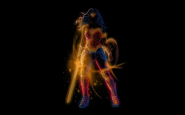 4K Ultra HD PC wallpaper of Wonder Man: a neon-glowing red, gold and blue figure rising from darkness against a black background.