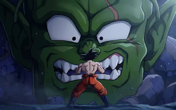HD PC desktop wallpaper: Dragon Ball Z scene of Goku in orange gi confronting the giant green-faced villain Slug, dramatic lighting and rubble-strewn battleground.