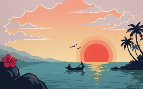 4K Ultra HD PC desktop wallpaper: tropical sunset over the ocean with a silhouetted boat, palm trees on the shore, distant mountains, seabirds and a hibiscus on a rocky foreground.