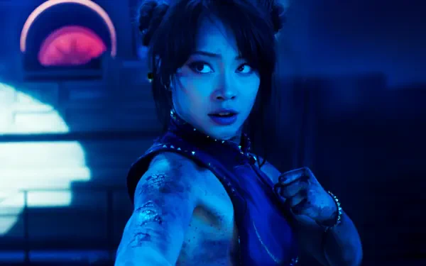 4K Ultra HD portrait of Chun-Li from Street Fighter: a fierce woman in a blue qipao, clenched fist and intense gaze, neon-lit PC desktop wallpaper/background.