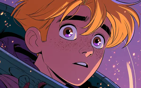 Anime portrait of a freckled blond boy with wide purple eyes and sparkles — 2K Quad HD PC desktop wallpaper/background.