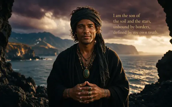 4K Ultra HD PC desktop wallpaper/background: portrait of a man with a headwrap and layered necklaces, hands clasped on a rocky coast at sunset beneath a dramatic sky and ocean.