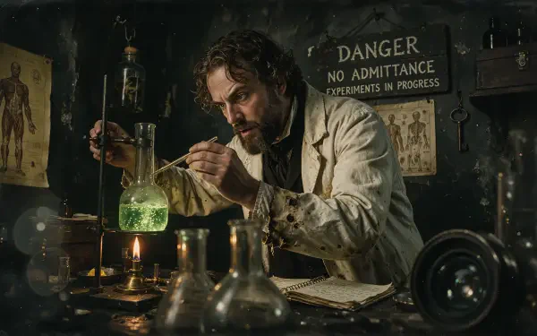 4K Ultra HD PC wallpaper of a mad scientist in a shadowy laboratory mixing a glowing green experiment amid glassware, beneath a Danger: No Admittance — Experiments in Progress sign.