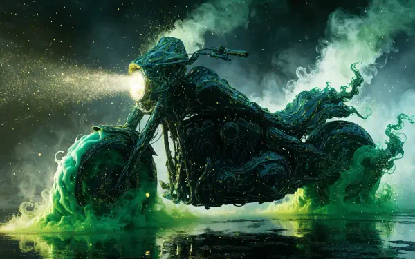 4K Ultra HD PC wallpaper of a ghostly rider on a Harley-Davidson motorcycle, neon-green smoke and flames from the wheels, headlight cutting through mist over reflective ground.
