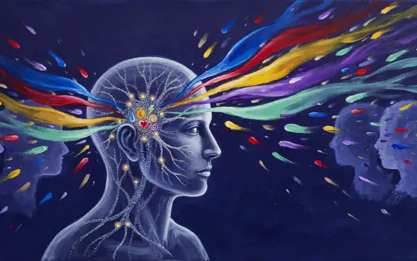 Abstract 4K Ultra HD PC desktop wallpaper: human head profile with illuminated brain networks and colorful emotion streams radiating outward against a deep space background.