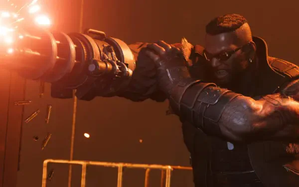 Barret Wallace from Final Fantasy VII fires his arm cannon, muzzle flash illuminating his face and armored gauntlet — cinematic HD PC desktop wallpaper.