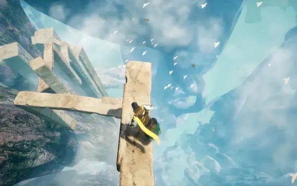 Where the Seeds Fall — a climber clings to a narrow stone ledge above a towering ice chasm with birds in the sky; 4K Ultra HD PC desktop wallpaper and background.