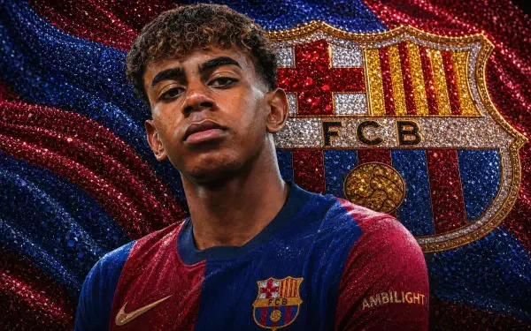 4K Ultra HD desktop wallpaper of a young FC Barcelona soccer player in club kit posed before a large Barcelona crest — energetic sports portrait background.