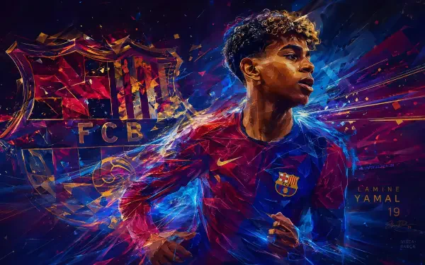 Vibrant 4K Ultra HD desktop wallpaper of a young FC Barcelona soccer player in club kit, captured in dynamic motion with colorful brush-stroke effects and the club crest in the background.