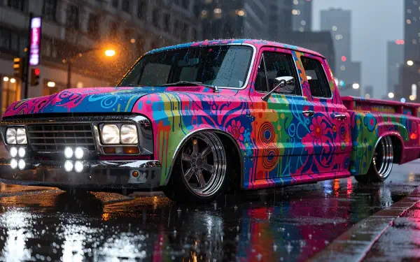 Colorful lowrider pickup truck parked on a wet city street at night; glossy reflections and LED lights — 4K Ultra HD PC desktop wallpaper/background.