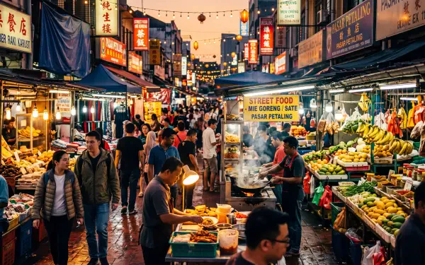 5K Ultra HD PC desktop wallpaper and background of a bustling night street market: crowded street market lined with street food stalls, produce vendors and warm lanterns.