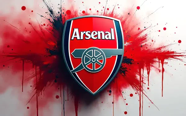 Arsenal F.C. crest with cannon emblem on a red and black paint-splatter background — soccer club logo, sports 4K Ultra HD PC desktop wallpaper and background.