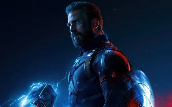 4K Ultra HD PC desktop wallpaper — digital art of Captain America in blue-red lighting, armored and holding a glowing hammer and shield in a dramatic profile.