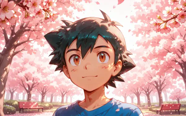 4K Ultra HD anime PC wallpaper: Ash Ketchum (Pokemon) smiling beneath blooming cherry blossoms in a sunlit park.