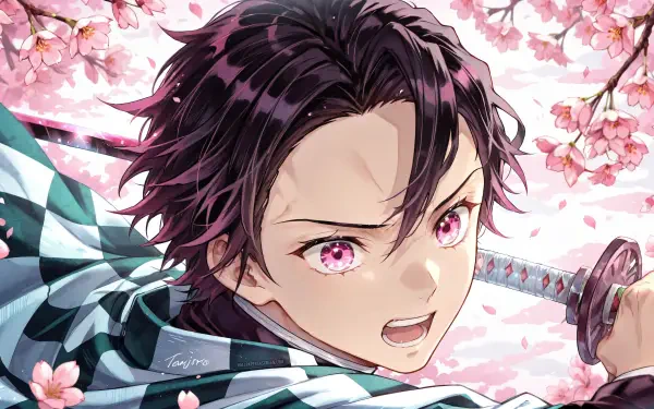 Tanjiro Kamado from anime, ready to strike with sword beneath falling cherry blossoms — vibrant 4K Ultra HD PC desktop wallpaper and background.