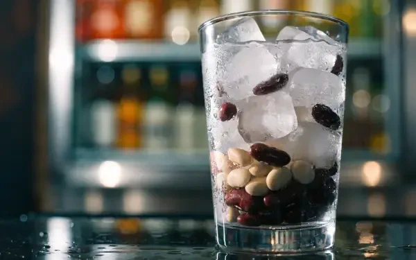 Close-up of a glass packed with ice and mixed coffee beans under the Cool Beans theme — 2K Quad HD PC desktop wallpaper/background with blurred bar shelves in the background.