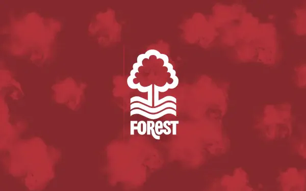 Nottingham Forest F.C. white tree-and-river logo centered on a textured red background, labeled as a 2K Quad HD PC desktop wallpaper and background.