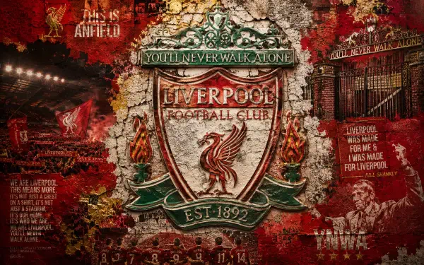 4K Ultra HD PC desktop wallpaper of Liverpool F.C. crest with Liverbird and You'll Never Walk Alone banner on a textured red background with club emblems and founding date.