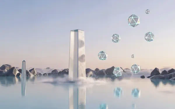 Abstract geometric landscape with a tall reflective monolith rising from calm water, floating polyhedral shapes and rocky horizon — 4K Ultra HD PC desktop wallpaper background.