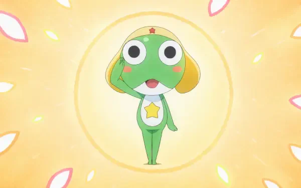 Sgt. Frog (Keroro) cartoon frog saluting on a warm yellow glowing background with floating petals — 4K Ultra HD PC desktop wallpaper/background.