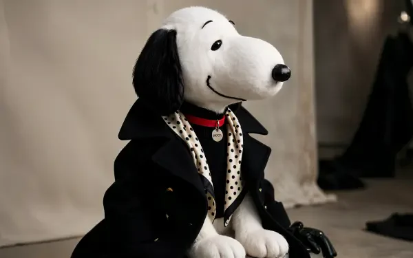 Snoopy plush dog toy in a polka-dot scarf and black coat, styled as a 4K Ultra HD PC desktop wallpaper and background.