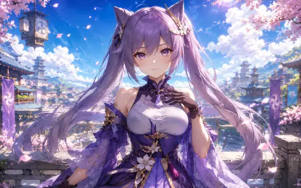 Keqing (Genshin Impact) anime portrait in 4K Ultra HD PC desktop wallpaper — purple-haired, twin-tailed character in ornate violet outfit standing amid cherry blossoms and a sunlit cityscape.