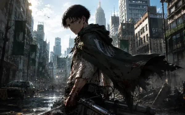 4K Ultra HD anime desktop wallpaper of Levi Ackerman standing in a rain-soaked ruined city street, cloaked and armed, sunlight cutting through towering, damaged skyscrapers.