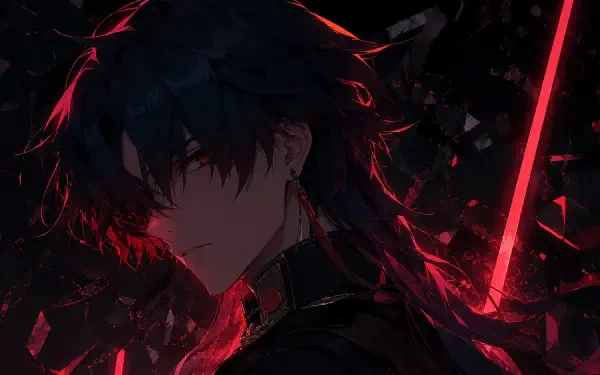 4K Ultra HD anime desktop wallpaper: Blade (Honkai: Star Rail) in profile, red neon sword casting shards of light across his dark, brooding silhouette.