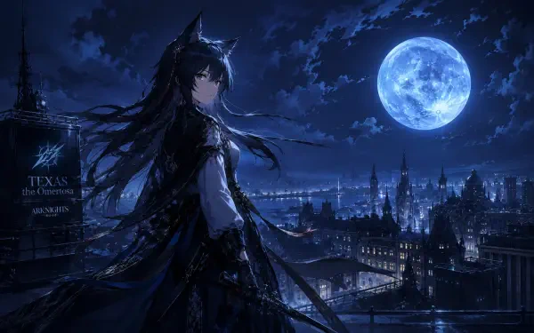 4K Ultra HD PC anime desktop wallpaper: Texas (Arknights) on a rooftop beneath a glowing full moon, dark cityscape and swirling night sky behind her.