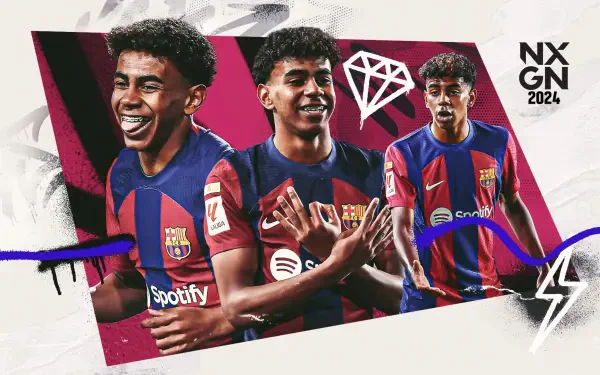 HD PC wallpaper of an unidentified young FC Barcelona player shown in three poses wearing the red‑blue kit, a stylized collage with diamond motif, sponsor logos and dynamic graphic accents.