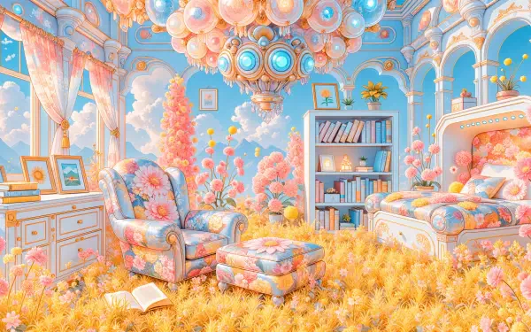 Pastel interior with a plush sofa and ottoman, ornate chandelier, filled bookshelf and fluffy floral carpet in a dreamy room — 4K Ultra HD PC desktop wallpaper and background