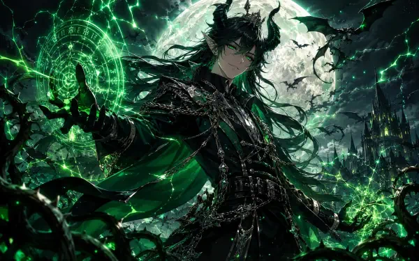 Malleus Draconia anime in horned dark armor, green arcane energy and sigils before a full moon, bats and gothic castle — 4K Ultra HD PC Desktop Wallpaper and Background