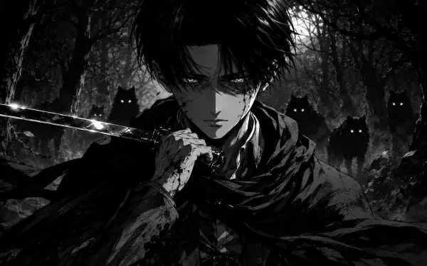 Monochrome 4K Ultra HD PC desktop wallpaper of anime Levi Ackerman in a dark forest, blade raised, shadowy wolf-like figures with glowing eyes looming behind him.