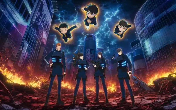 4K Ultra HD PC desktop wallpaper/background: Thunder 3, Sanda — five armored heroes stand amid burning city ruins as three floating figures and lightning cracks the night sky.